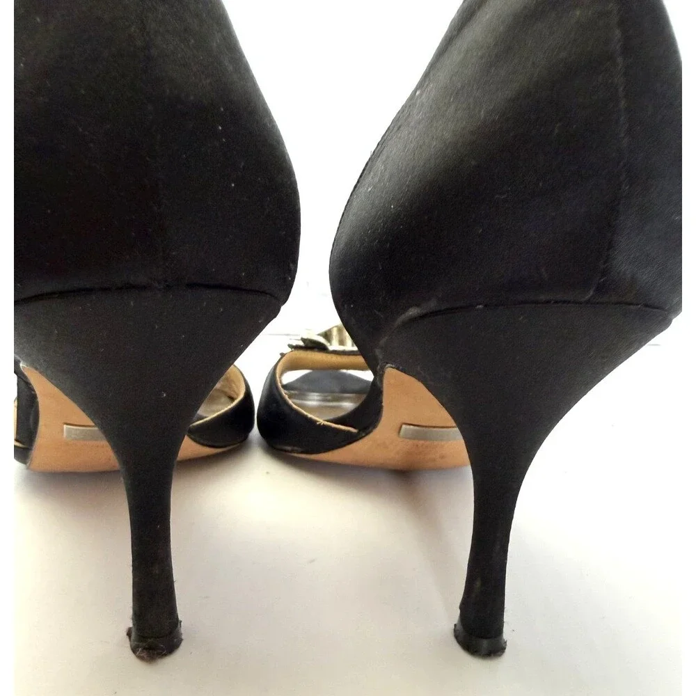 BADGLEY MISCHKA BLACK SATIN D’ORSAY OPEN TOE RHINESTONE EMBELLISHED HEELS SZ 7M